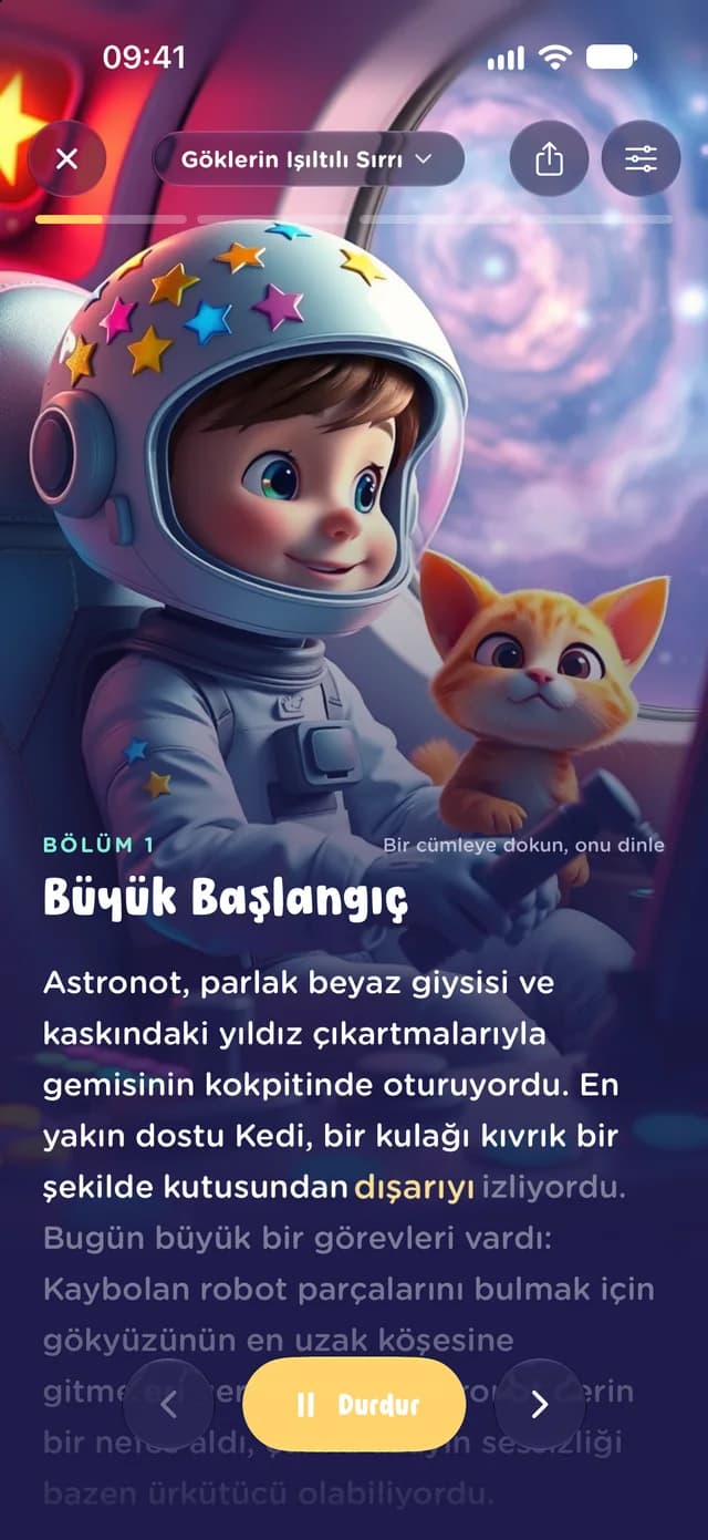 MiniMinds masal okuyucusu; anlatıcı okurken kelimeler parlıyor